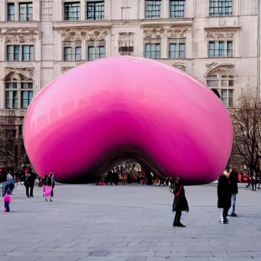 Image similar to the bean sculpture by anish kapoor painted pink, photograph, high resolution