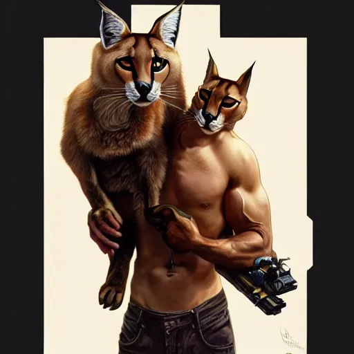 Image similar to Muscular Ryan Gosling holding cute caracal, portrait, sci-fi, fantasy, intricate, elegant, highly detailed, digital painting, artstation, concept art, smooth, sharp focus, illustration, art by artgerm and greg rutkowski and alphonse mucha