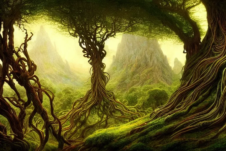 Image similar to a beautiful and highly detailed digital painting of an elven tree with celtic roots in the mystical mountains, psychedelic patterns, intricate details, epic scale, 8 k, sharp focus, photorealism, artstation, cgsociety, by caspar friedrich, albert bierstadt, james gurney, brian froud,