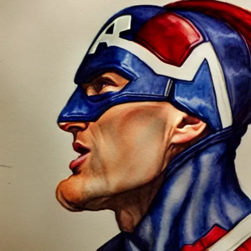 Prompt: captain America goes mad, portrait, watercolor painting, hyper detailed, hyper realistic, by Botticelli, portrait