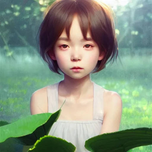 Image similar to very very small little girl by wlop, sitting on a gigantic green leaf by ilya kuvshinov, rtx rendering, octane render 1 2 8 k, maya, extreme high intricate details by tom bagshaw, digital anime art by ross tran, medium shot, close up shot, composition by sana takeda, lighting by greg rutkowski