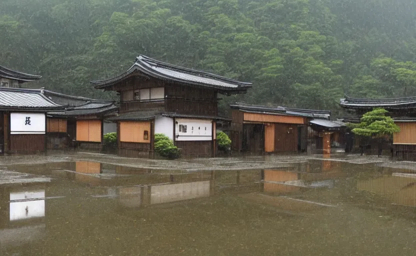 Image similar to A japanese village in pouring rain