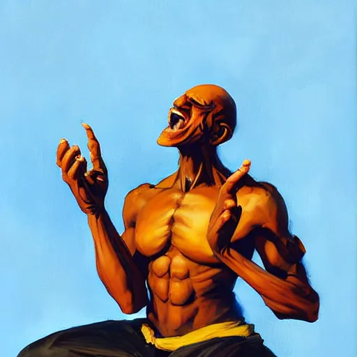 Image similar to greg manchess portrait painting of dhalsim from street fighter spitting fire as overwatch character, medium shot, asymmetrical, profile picture, organic painting, sunny day, matte painting, bold shapes, hard edges, street art, trending on artstation, by huang guangjian and gil elvgren and gerald brom