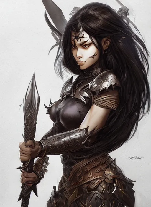 Image similar to beautiful warrior lady, black long hair, practical armor, brown skin, demonic eyes, low fantasy, extremely detailed, sharp focus, smooth, digital illustration, by rossdraws, frank franzzeta, sakimichan