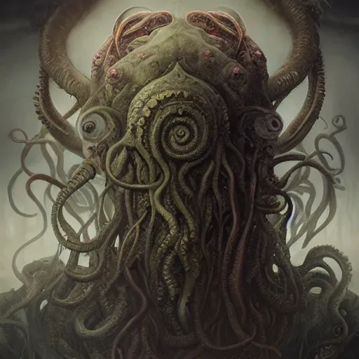 Prompt: curiosities from cthulhu, soft paint of a single curvy beautiful necromancer of madness and insanity in full mage armor, symmetry accurate features, eyeballs, vegetation tentacles, dense volumetric fog, focus, very intricate ultrafine details, gloomy colors, award winning masterpiece, tom bagshaw artstyle