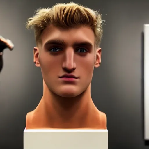 Image similar to a realistic detailed photo of a guy who is an attractive humanoid who is half robot and half humanoid, who is a male android, boxer and youtuber jake paul, shiny skin, posing like a statue, blank stare, at the museum, on display