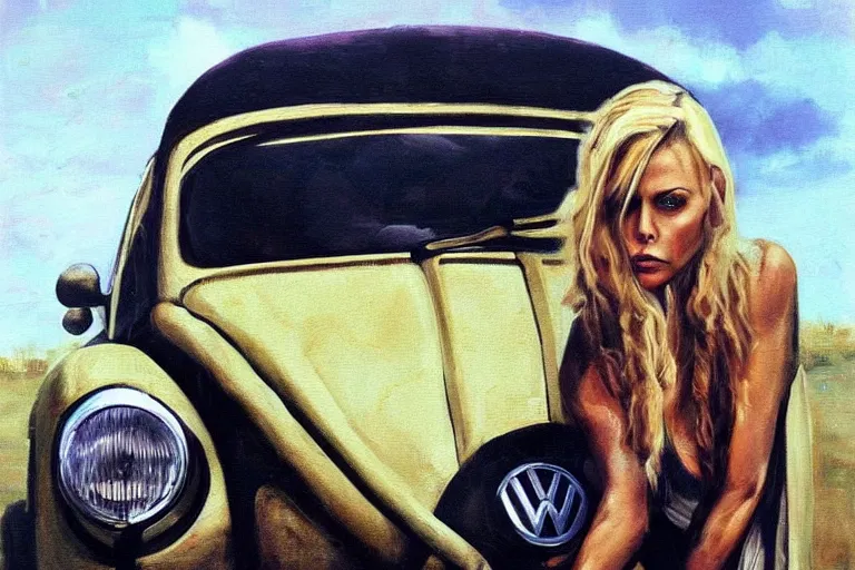 Prompt: beautiful u charlize theron with long blonde hair locks holds over its head old volkswagen beetle, oil on canvas, naturalism