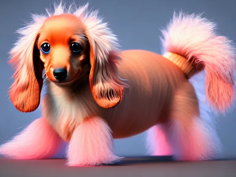 Image similar to high quality 3 d render hyperrealist very cute fluffy dachshund dog, plush mascot, long spiky fluffy hair, photo from the side, multi pastel colors, vray, smooth background, artstation, ultra detailed