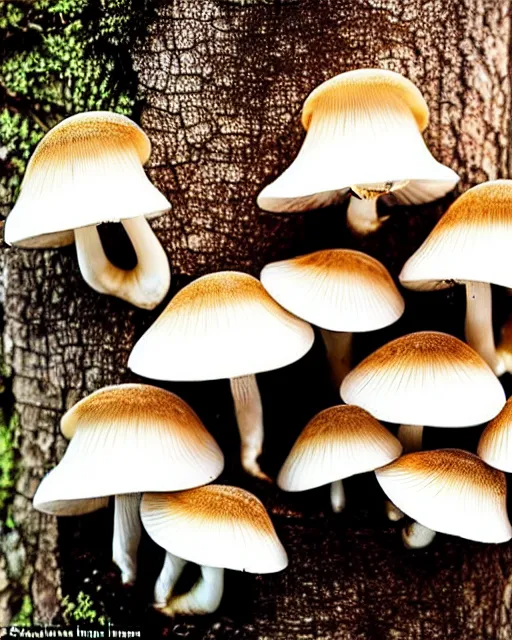 Image similar to a small family of conical oyster mushrooms is located on a rotten stump, which suspiciously reach for an unusual symbol on the wall depicting a dissected cross