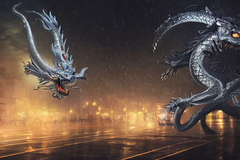 Image similar to cinematic wide angle shot of a silver cybernectic chinese dragon in the rain, midnight city lights, strong bokeh, dramatic lighting, unreal engine, cgsociety, artstation, 4k