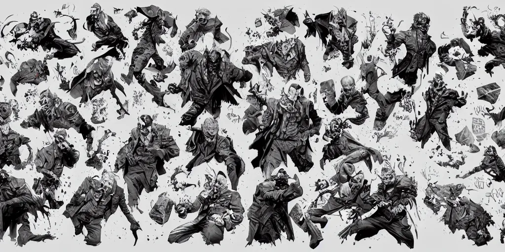 Image similar to the joker, character sheet, concept design, contrast, kim jung gi, greg rutkowski, zabrocki, karlkka, jayison devadas, trending on artstation, 8 k, ultra wide angle, pincushion lens effect