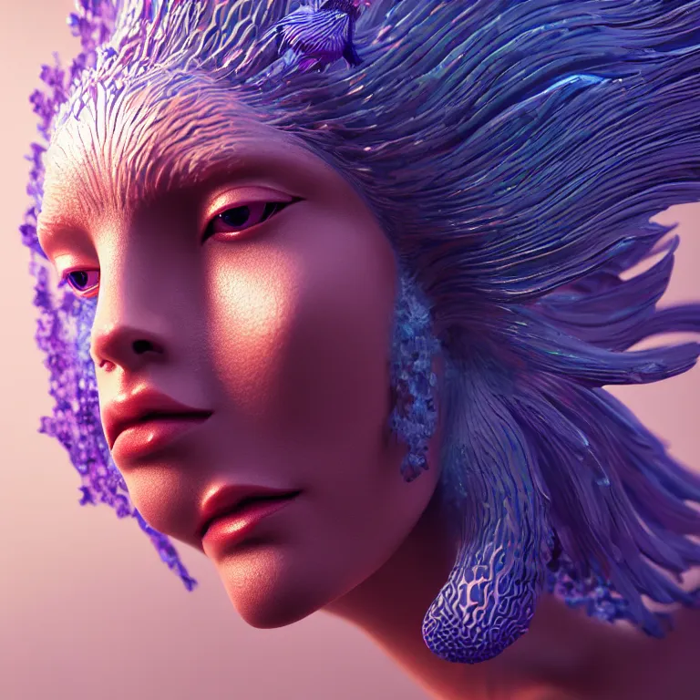 Image similar to goddess full painted acryllic sculpture close-up portrait. orchid bird phoenix jellyfish betta fish, intricate artwork by Tooth Wu and wlop and beeple. octane render, trending on artstation, greg rutkowski very coherent symmetrical artwork. cinematic, hyper realism, high detail, octane render, 8k