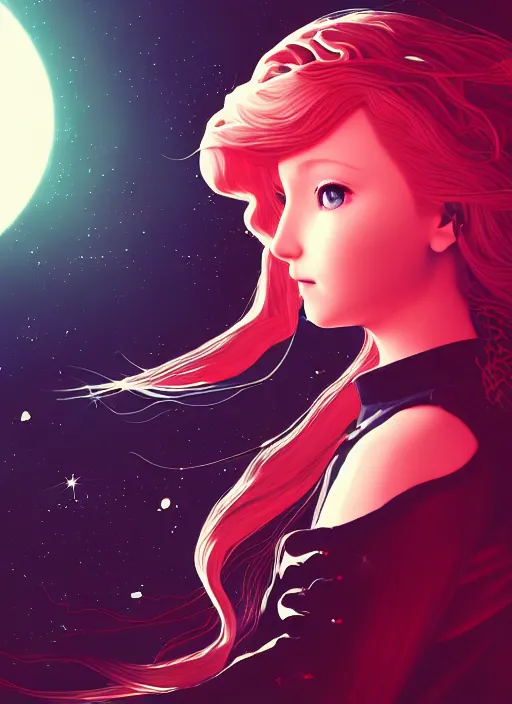 Prompt: highly detailed portrait of a hopeful pretty astronaut lady with a wavy blonde hair, by Charles Shulz, 4k resolution, nier:automata inspired, bravely default inspired, vibrant but dreary but upflifting red, black and white color scheme!!! ((Space nebula background))