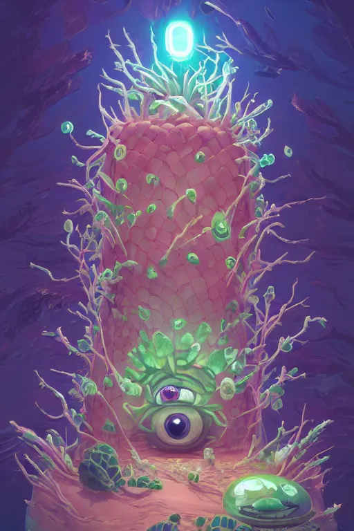 Image similar to roots cactus sushi cristal smurf ghost creature animal sushi cristal very big eye roots cactus elemental flush of force nature micro world fluo fishscale, behance hd by jesper ejsing, by rhads, makoto shinkai and lois van baarle, ilya kuvshinov, rossdraws radiating a glowing aura global illumination ray tracing hdr