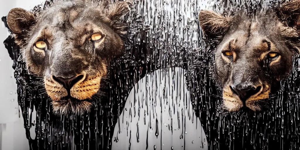 Image similar to a black lioness made of ferrofluid bathing inside the bathtub full of ferrofluid at the photography studio, covered in dripping ferrofluid. dslr, wrinkles, ferrofluid, photography, realism, animal photography