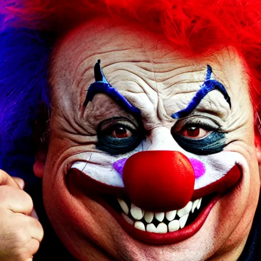 Image similar to danny devito in clown mask with fangs