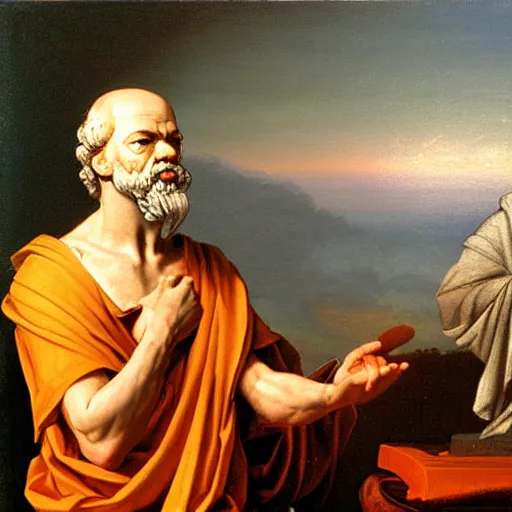 Image similar to socrates wearing a virtual reality headset, oil painting