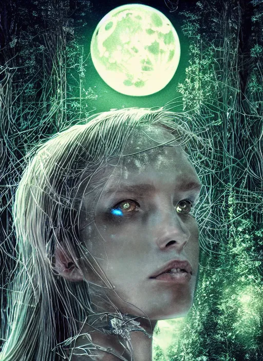 Image similar to glowing silver and golden elements, full close-up portrait, A beautiful dark witch in front of the full big moon, book cover, green forest, red white black colors, establishing shot, extremly high detail, foto realistic, cinematic lighting, pen and ink, intricate line drawings, by Yoshitaka Amano, Ruan Jia, Kentaro Miura, Artgerm, post processed, concept art, artstation, matte painting, style by eddie, raphael lacoste, alex ross