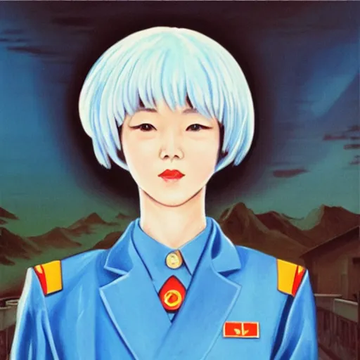 Image similar to “ rei ayanami north korean propaganda poster, award winning, oil painting ”