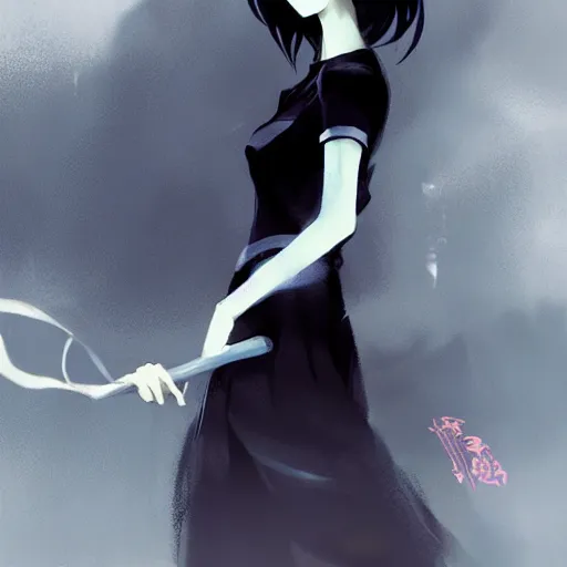 Prompt: anime girl wearing a black dress, anime style, gorgeous face, by makoto shinkai, by wenjun lin, digital drawing, video game art, brutalism