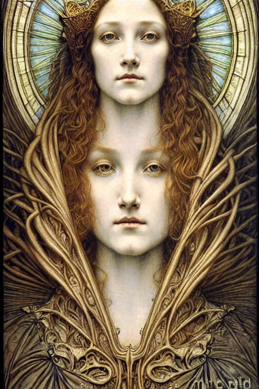 Image similar to detailed realistic beautiful young medieval queen face portrait by jean delville, gustave dore and marco mazzoni, art nouveau, symbolist, visionary, gothic, pre - raphaelite. horizontal symmetry