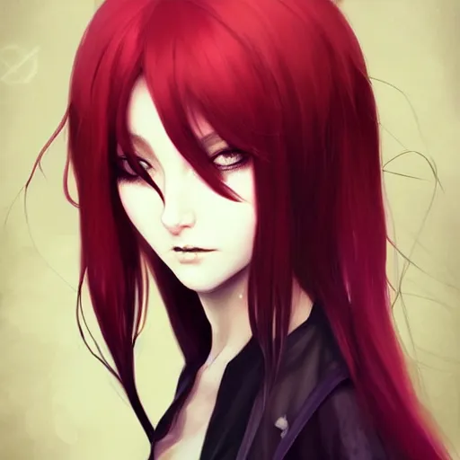 Image similar to facial portrait of a young pretty anime woman, long red hair, dark eyes, gothic eyeliner, character concept art, headshot, Charlie Bowater, Anna Dittmann, WLOP, Rumiko Takahashi, Akihiko Yoshida, Hyung-tae Kim, alexander mcqueen, trending on Artstation