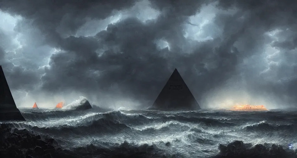 Image similar to black lovecraftian eldritch!! obsidian pyramid!! on a snowy island surrounded by raging stormy seas by eugene von guerard, ivan shishkin, night, red lightning!!, storm, dramatic lighting, concept art, trending on artstation, 8 k