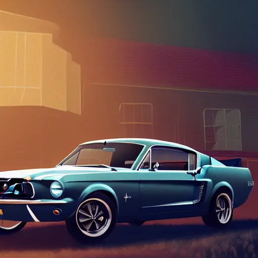 Image similar to a detailed render of a 1 9 6 7 ford mustang fastback, vector art, art by john collier and albert aublet and krenz cushart and artem demura and alphonse mucha, cosmic, heavenly, god rays, intricate detail, cinematic, 8 k, cel shaded, unreal engine, featured on artstation, pixiv