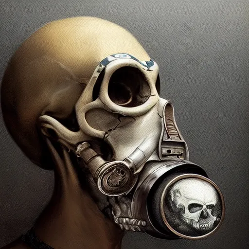 Image similar to a portrait painting of a skull wearing a gasmask, digital painting, hyper realistic, very detailed, in the style of greg rutkowski,