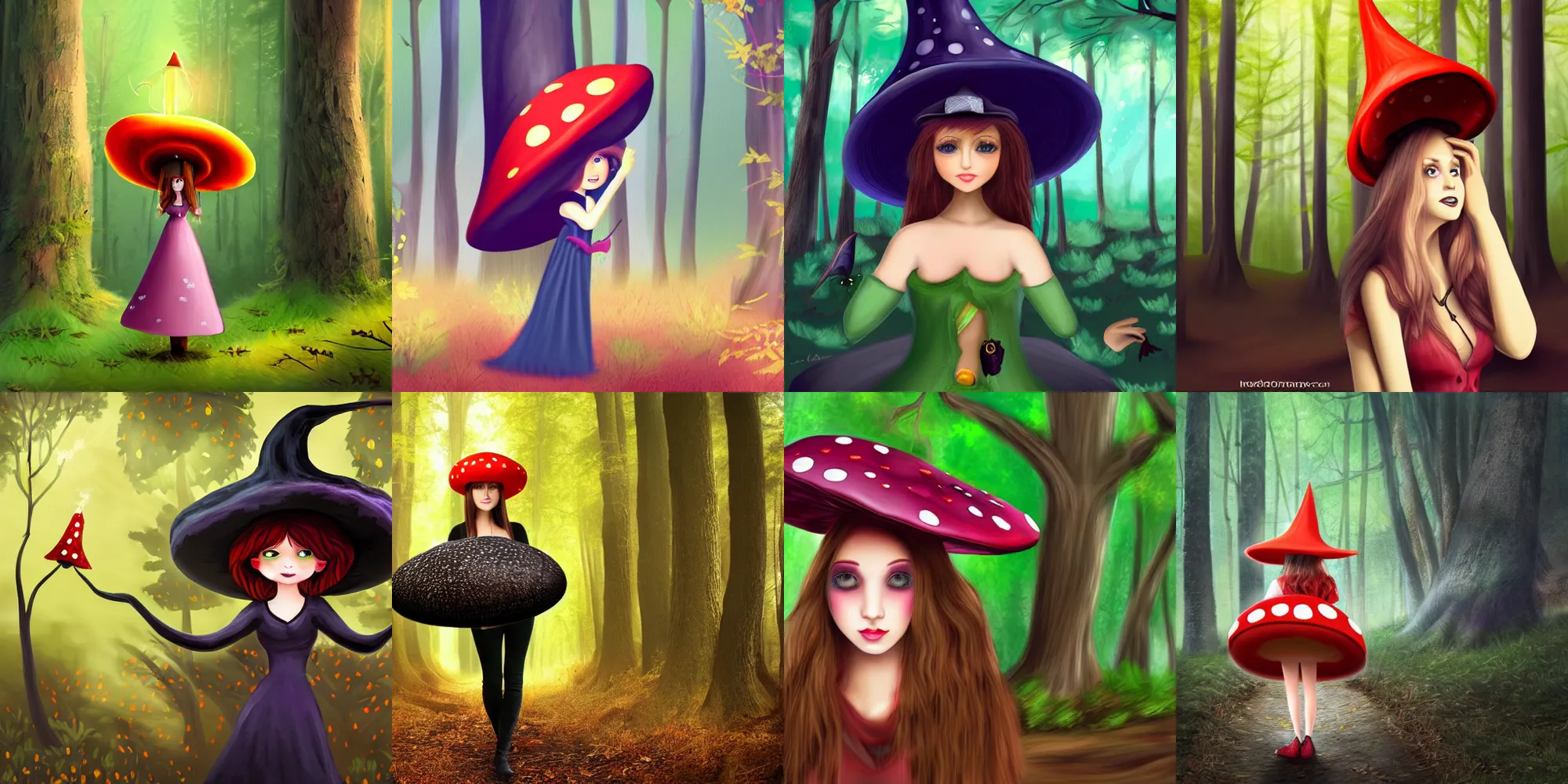 Prompt: cute witch wearing a large mushroom hat in a forest, digital art 4k