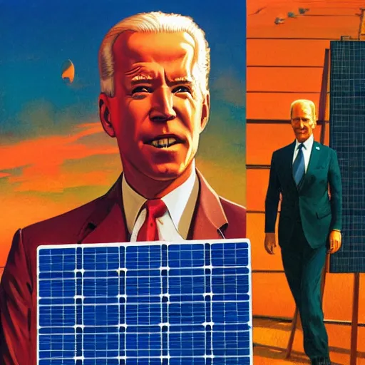 Image similar to solarpunk soviet propaganda of joe biden standing in front of solar panels by j. c. leyendecker, bosch, lisa frank, jon mcnaughton, and beksinski