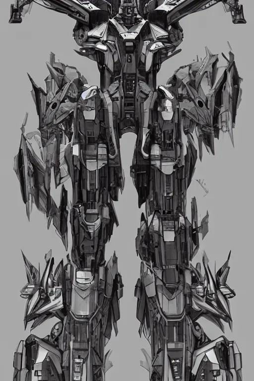 Image similar to very symmetrical!! full body illustrations of mecha, pen and ink, moderately detailed, concept art, wings spread, cyborg wing, artstation, deviantart, pinterest