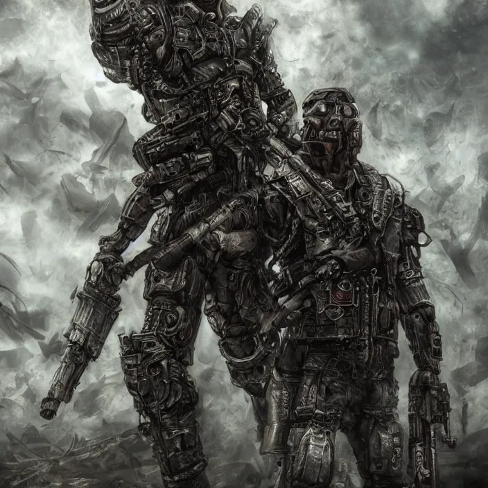 Image similar to apocalyptic man attached to machine weaponry, hyper - detailed, smooth, sharp focus, 4 k ultra hd, fantasy dark art, apocalyptic art