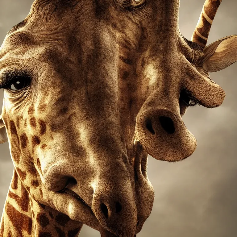 Image similar to extreme close - up portrait octane render by wayne barlow and carlo crivelli and glenn fabry, a giant tall giraffe wearing a silver helmet, inside an african savannah, very short depth of field, bokeh