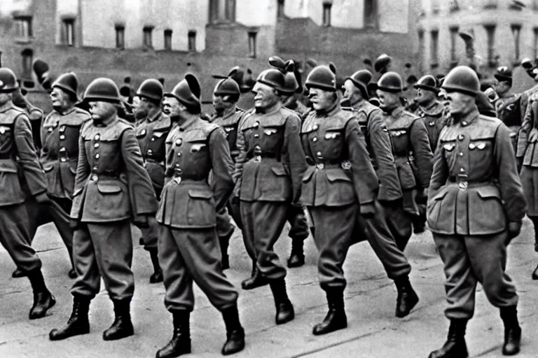 Image similar to minions as german soldiers in ww 2, goose stepping, military parade, dress uniforms