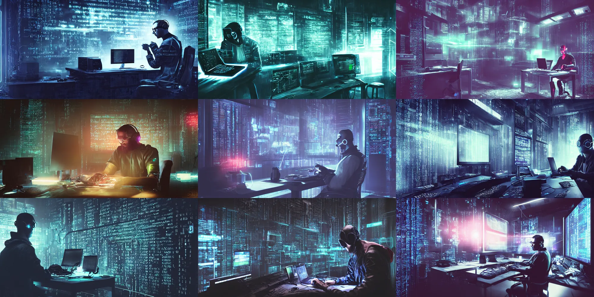 Prompt: a cyberpunk man coding and hacking on a computer, futuristic computer, dark atmosphere, cyberpunk basement, big data-center, RGB, Fadeev, Anton, Afshar, Petros