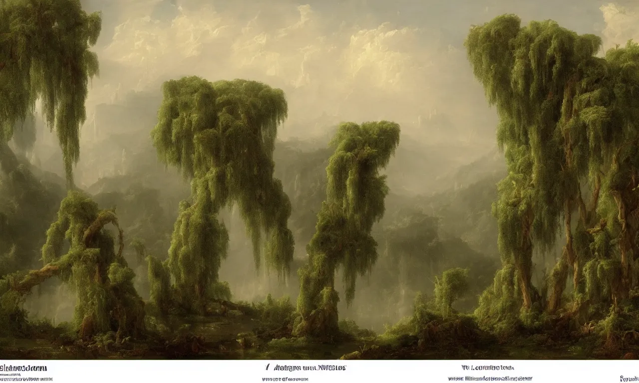 Image similar to antique ruined city, landscape by weeping willows, misty garden, thomas cole, lord of the ring, intricate details