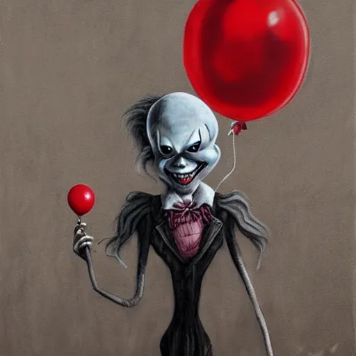 Image similar to grunge painting of creepy pasta with a wide smile and a red balloon by chris leib, loony toons style, pennywise style, corpse bride style, horror theme, detailed, elegant, intricate