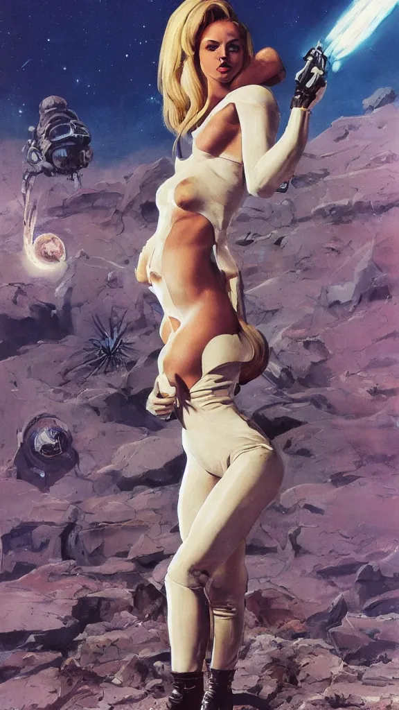 Image similar to A mixed media portrait painting of a beautiful blonde brunette woman exploring an alien planet, very curvy, aesthetic! high-waisted white-bikini-armor and boots, holding raygun, aesthetic symmetrical face and eyes, model, Scandinavian, wet, discarded mechsuit in background, by Frank Frazetta, Boris Vallejo, Beeple, Greg Rutkowski, Christian MacNevin, eighties-pinup style, epic fantasy character art, high fantasy, CGsociety, exquisite detail, post-processing, masterpiece, cinematic
