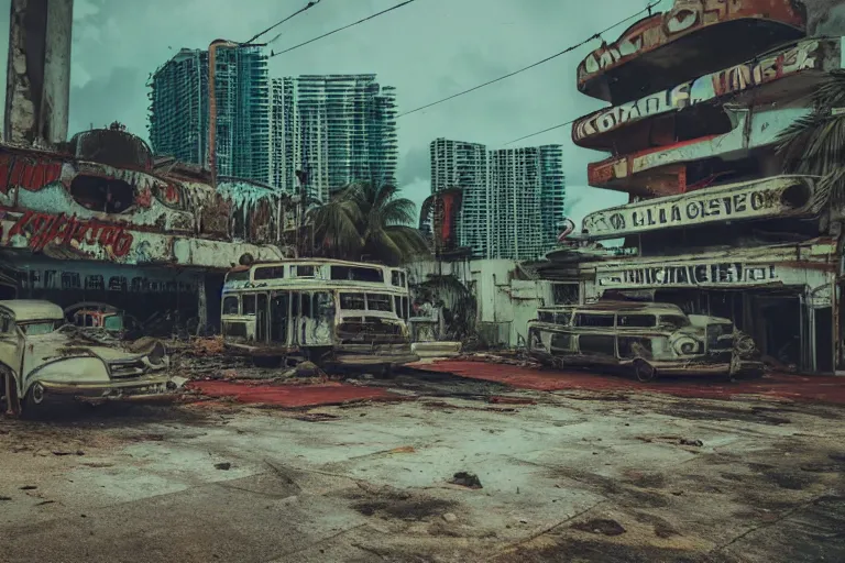 Image similar to low wide angle shot of dilapidated fallout 5 miami, tropical coastal city, desolate, dilapidated neon signs, few rusted retro futuristic vintage parked vehicles like cars, buses, trucks, trams, volumetric lighting, photorealistic, foggy, rain daytime, autumn, overcast weather, sharp focus, ultra detailed, 4 0 0 0 k