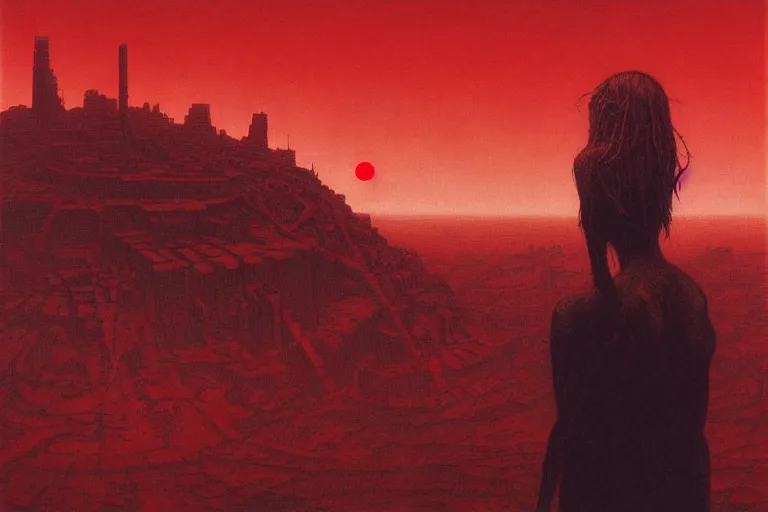 Image similar to only with red, a red shinigami eat apple, a city on mars in background, an ancient path, pathos, in the style of beksinski, part by hopper, part by rodcenko, part by hofbauer, intricate composition, red by caravaggio, insanely quality, highly detailed, masterpiece, red light, artstation