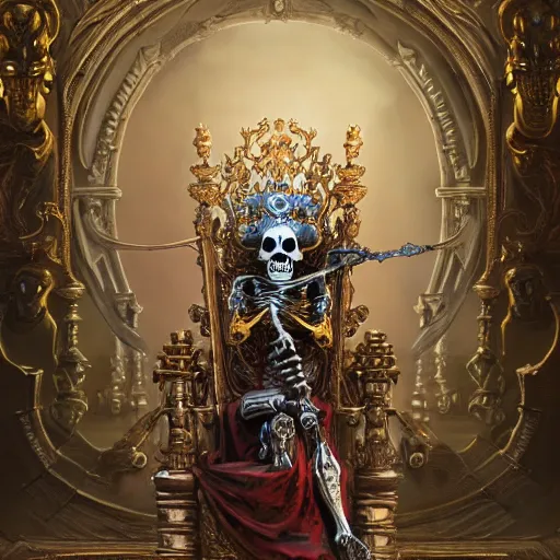 Image similar to high fantasy skeleton king android sitting on a ornate throne in an ornate palace by Stanley Artgerm Lau, frank frazetta, Rossdraws, James Jean, gerald brom, Andrei Riabovitchev, Marc Simonetti, and Sakimichan, trending on artstation, SFW version