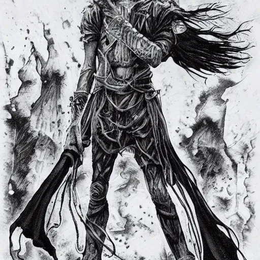 Image similar to pen and ink!!!! attractive 22 year old cyborg!!! Frank Zappa x Jared Leto golden Vagabond!!!! magic swordsman glides through a beautiful battlefield magic the gathering dramatic esoteric!!!!!! pen and ink!!!!! illustrated in high detail!!!!!!!! by Hiroya Oku!!!!!!!!! Written by Wes Anderson graphic novel published on shonen jump MTG!!! 2049 award winning!!!!