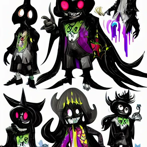 Image similar to character design sheets for a new sinister vampire squid character, artwork in the style of splatoon from nintendo, art by tim schafer from double fine studios, black light, neon, spray paint, punk outfit, tall thin toothpick like frame adult character, fully clothed, gothic, color explosion, colorful, gothic rainbow, sparkles and glitter, pop art