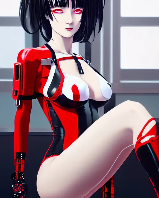 Image similar to a detailed potrait of a cyberpunk cyborg girl with black and red parts, white stockings, white swimsuit, perfect face, realistic shaded perfect face, detailed. night setting. very anime style. realistic shaded lighting poster by ilya kuvshinov katsuhiro, unreal engine, global illumination, radiant light, detailed and intricate environment, full length and white stockings