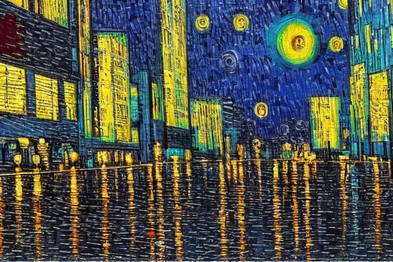 Prompt: cyberpunk city in the style of vincent van gogh