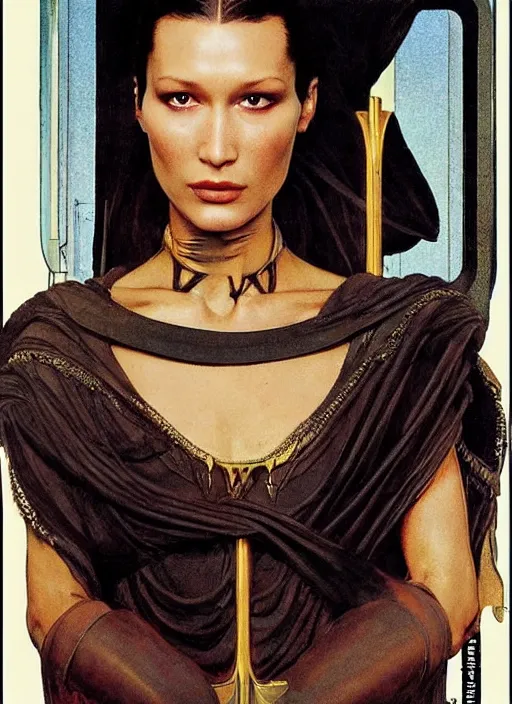 Prompt: upper body portrait of bella hadid as gaius helen mohiam bene gesserit mother in dune 1982, by norman rockwell and jason fabok and tom lovell and frank schoonover and dean cornwell and everett raymond kinstler