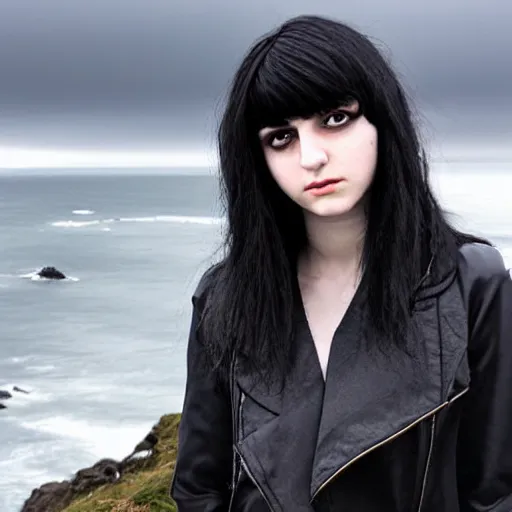 Image similar to 1 7 - year - old pale - skinned persian girl with black long bob cut, long bangs, black gothic jacket, black jeans, psychic girl, standing on cliff along the irish coast, overcast gray skies, ultra - realistic, sharp details, cold lighting, blue and gray colors, intricate details, art by william - adolphe bouguereau