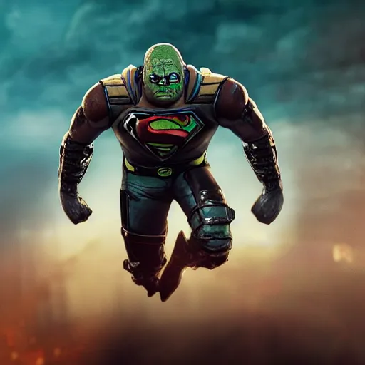 Image similar to pickle rick as superman! flying in ( gears of war ), splash art, movie still, detailed face, photorealistic facial features, cinematic lighting, dramatic, octane render, long lens, shallow depth of field, bokeh, anamorphic lens flare, 8 k, hyper detailed, 3 5 mm film grain