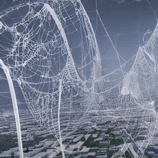 Prompt: a futuristic city made of spiderwebs designed by arachnids